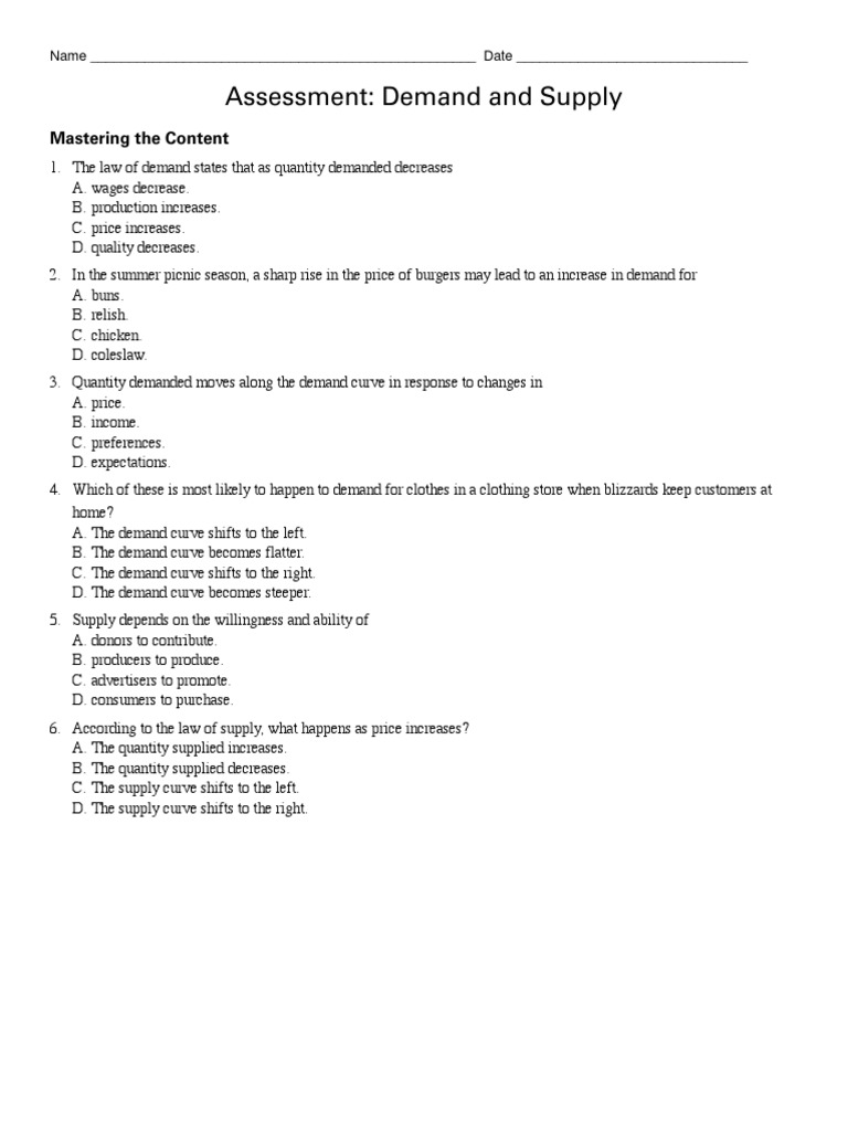 Demand and Supply Assessment Questions | PDF | Demand | Demand Curve