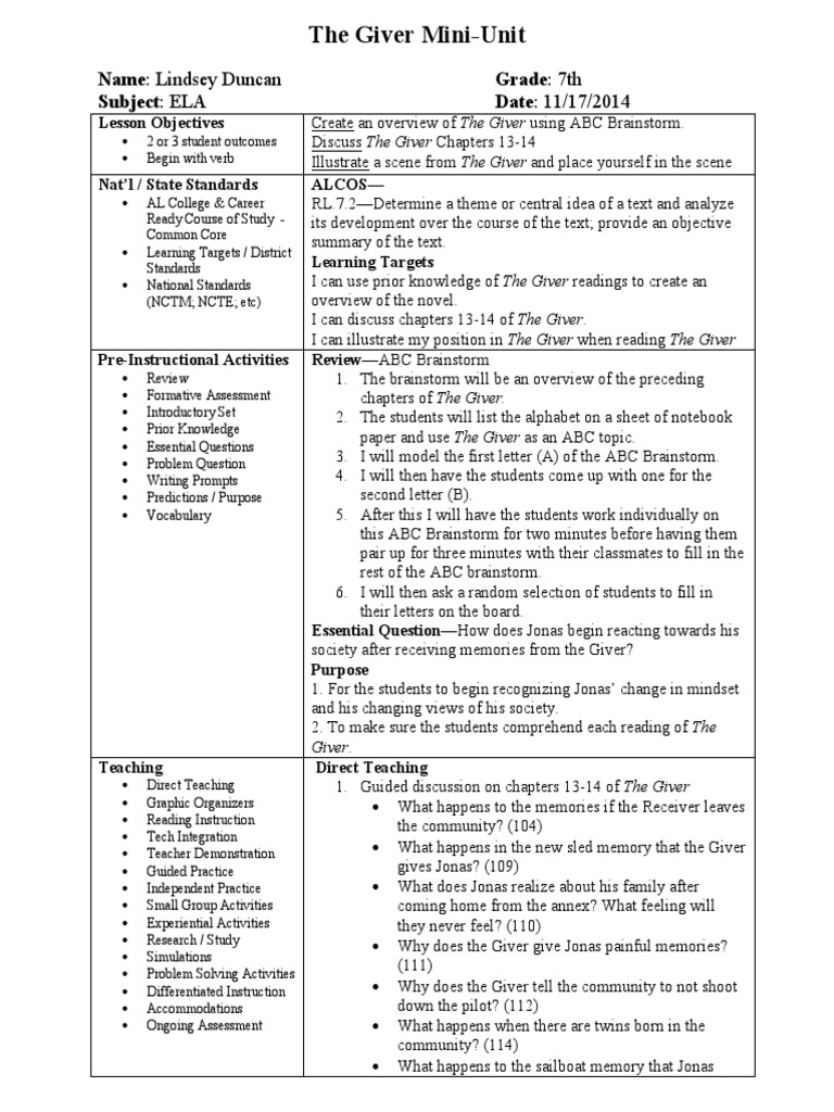 The Giver Mini Unit | PDF | The Giver | Differentiated Instruction