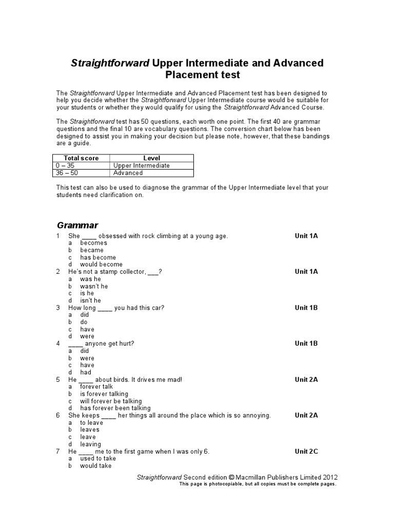 Upper Intermediate and Advanced Placement Test | PDF | Leisure