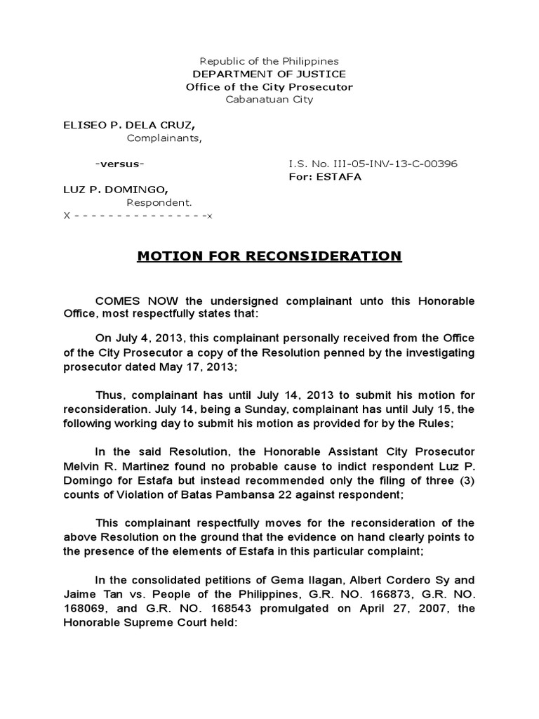Motion For Reconsideration Estafa Complaint PDF Fraud Cheque