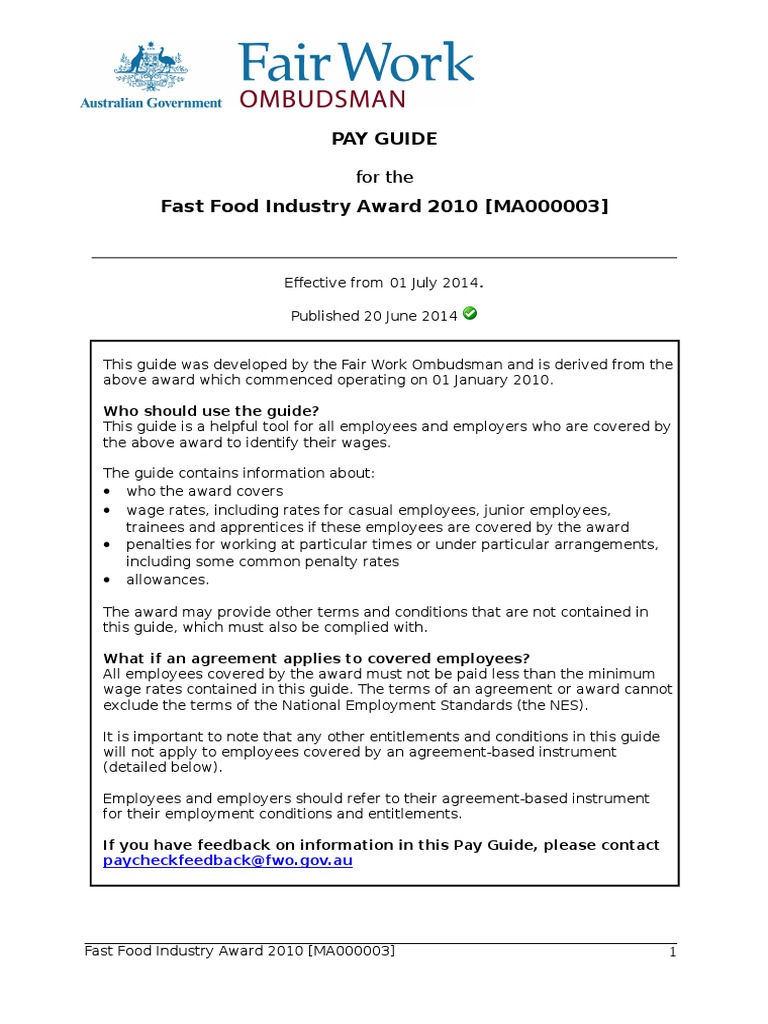 Fast Food Industry Award 2010 [MA000003] Pay Guide Overtime Part