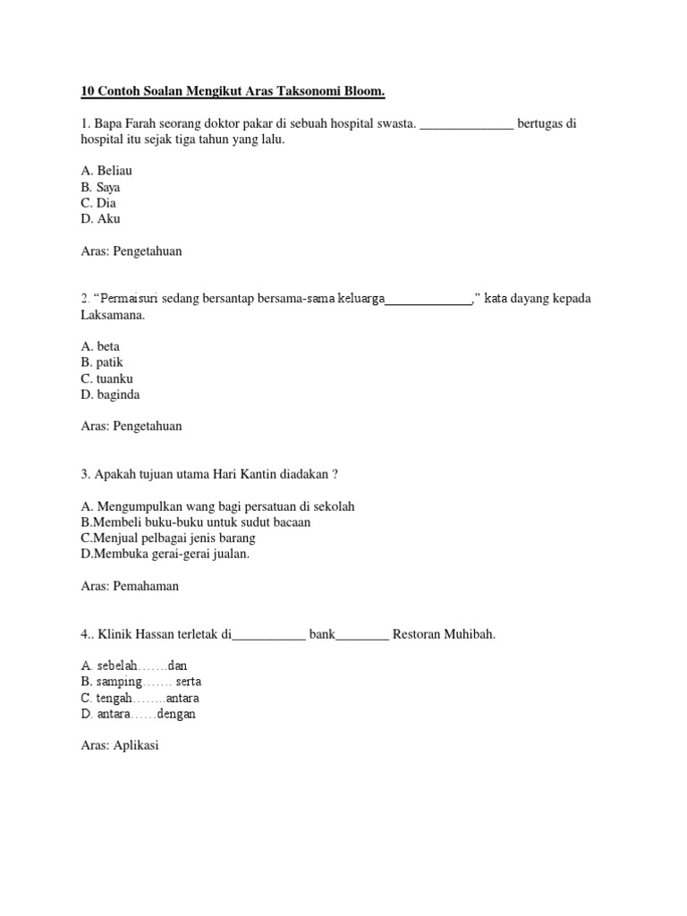 10 Contoh Soalan Mengikut Aras Taksonomi Bloom
