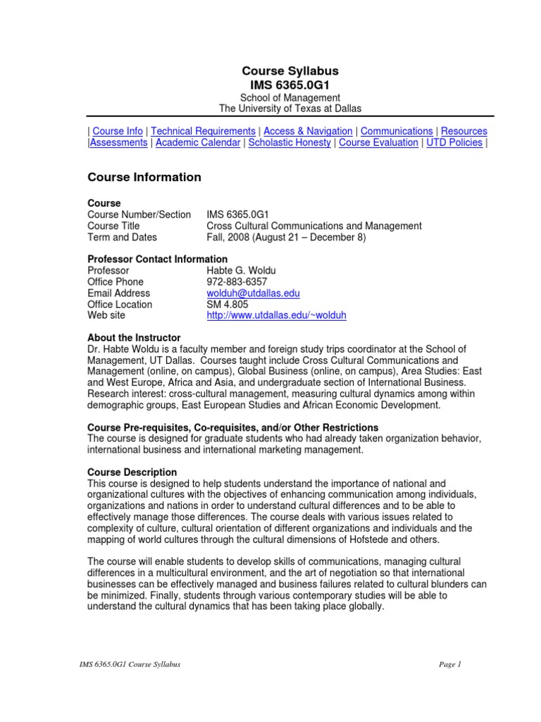 UT Dallas Syllabus For Ims6365.0g1.08f Taught by Habte Woldu (Wolduh) | PDF  | Academic Dishonesty | University Of Texas At Dallas