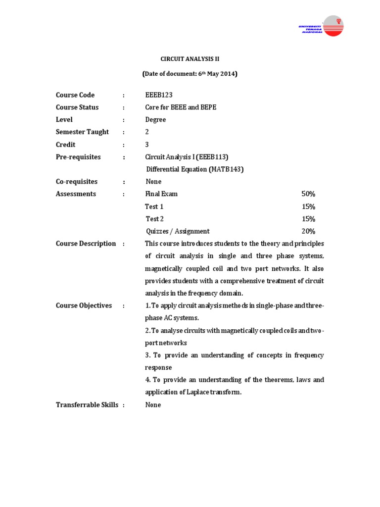 EEEB123 Circuit Analysis 2 Course Outline (Semester 2 2014-15) | Network  Analysis (Electrical Circuits) | Electrical Impedance