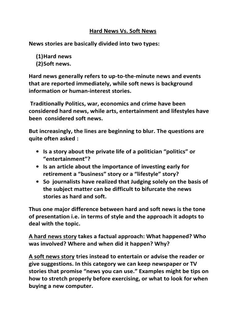 Hard News Vs Soft News Pdf News Newspapers