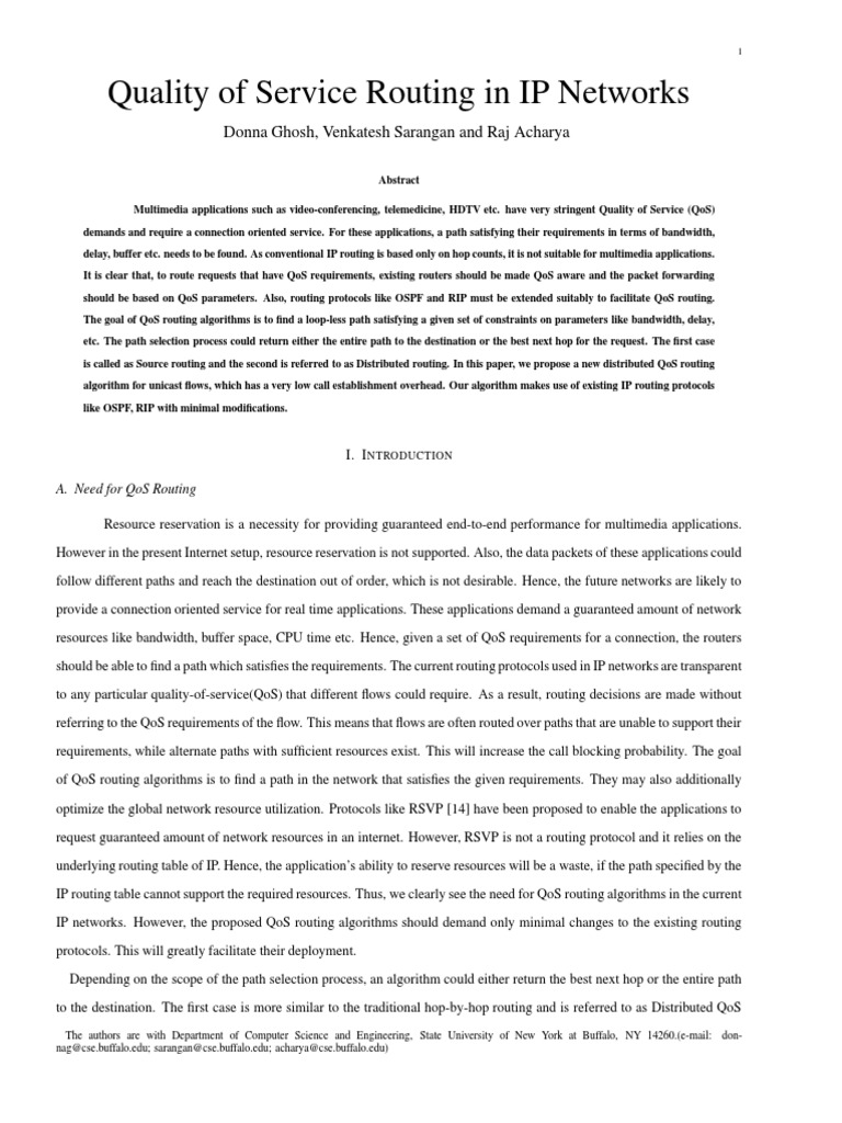 Quality of Service Routing in IP Networks: Donna Ghosh, Venkatesh ...