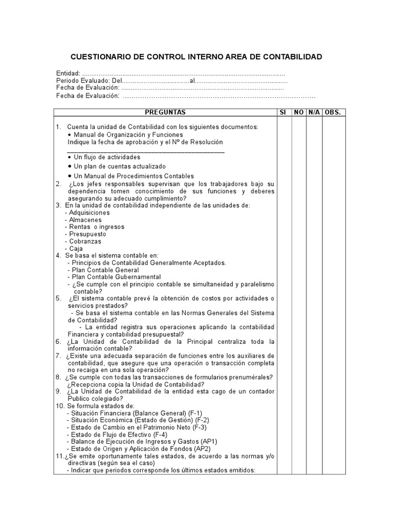 Cuestionario de Control Interno Contable | PDF | Contabilidad | Business