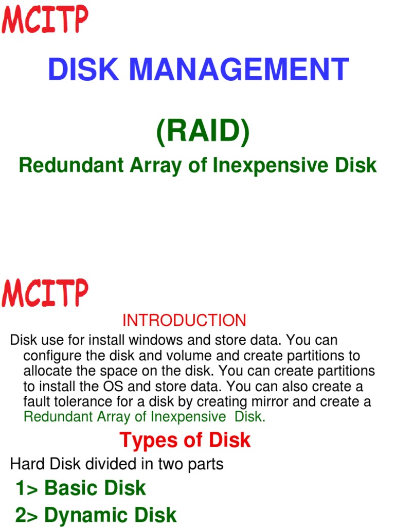 Disk Management (RAID) PDF Classes Of Computers Information Storage