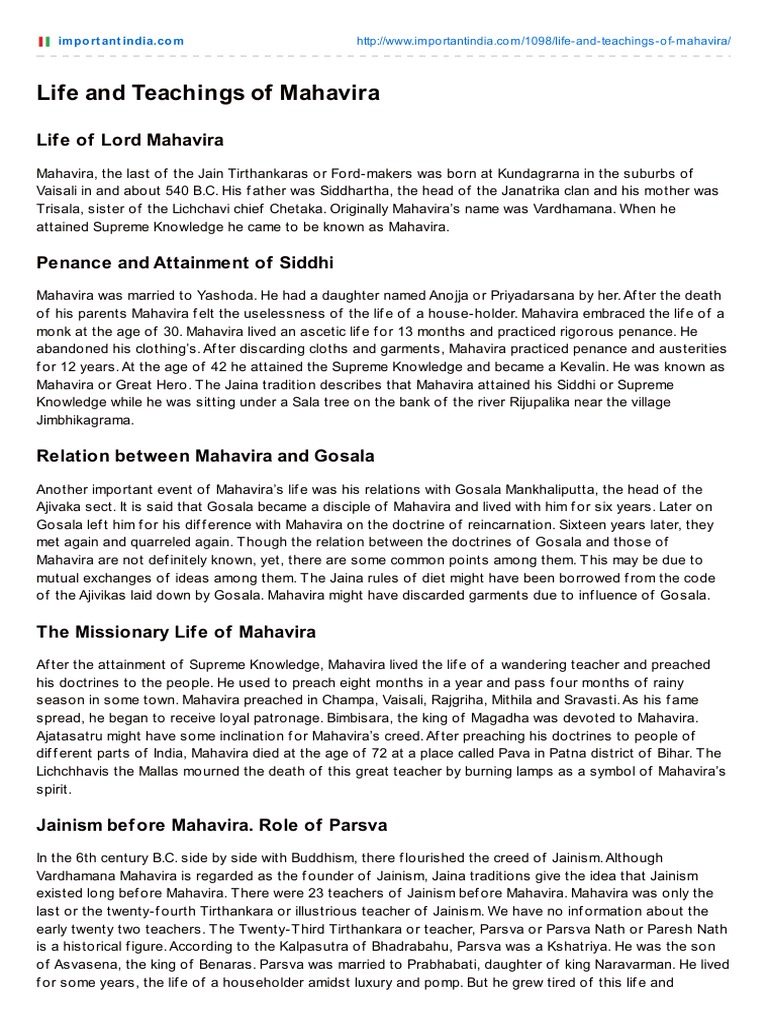 Life and Teachings of Mahavira | PDF | Nontheism | Indian Religions