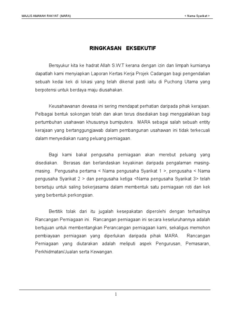 Contoh Ringkasan Eksekutif Perniagaan