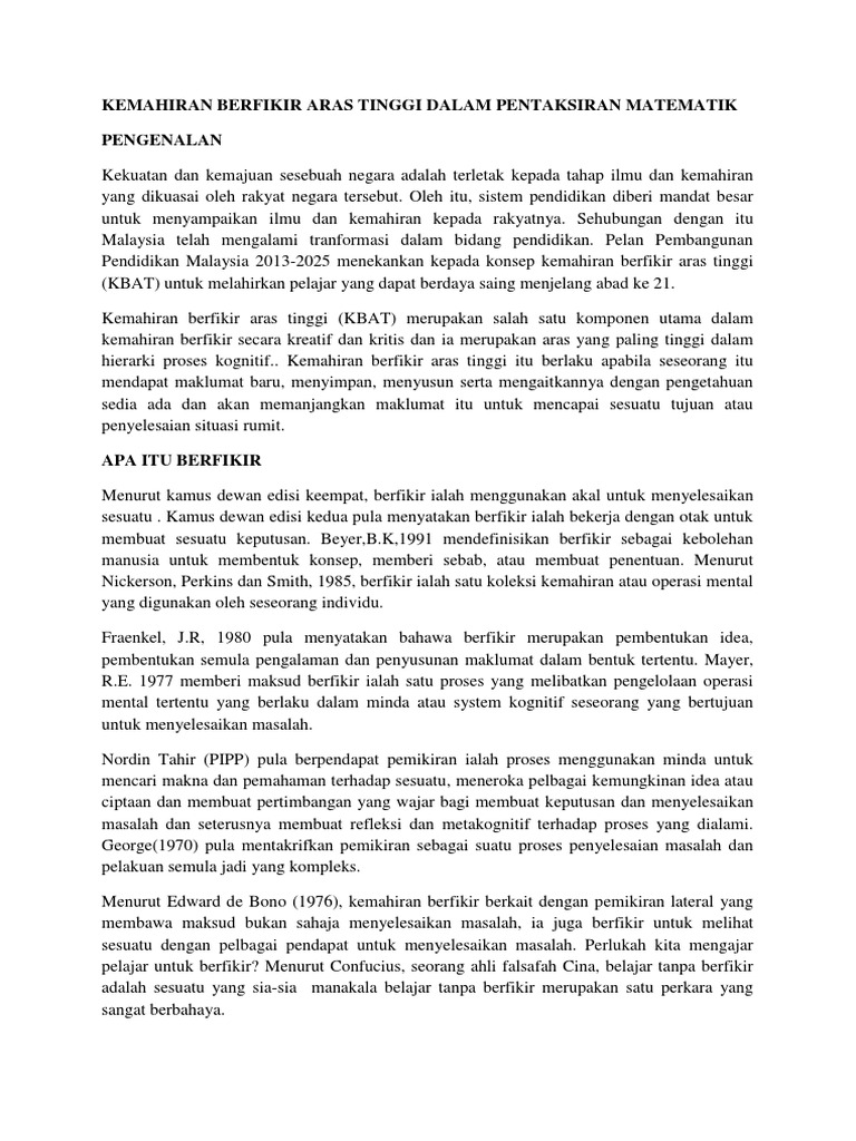 Kemahiran Berfikir Aras Tinggi Dalam Pentaksiran Matematik Pengenalan Pdf