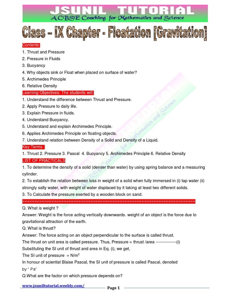 Class Ix Chapter Floatation Gravitation Solve Board Questions Buoyancy Density