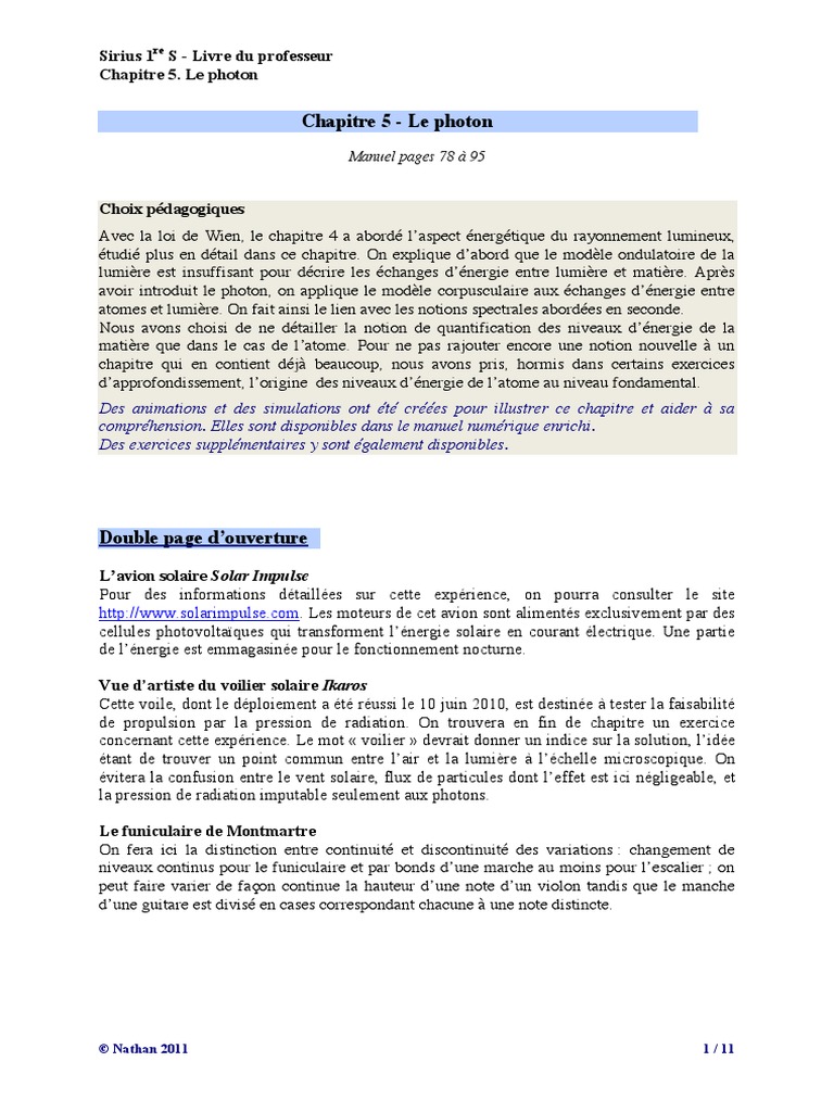 Livre Physique chimie Première Nathan Sirius Corrigé 2019 Pdf Sirius 1ère S - Prof Corriges | PDF | Photon | Électron
