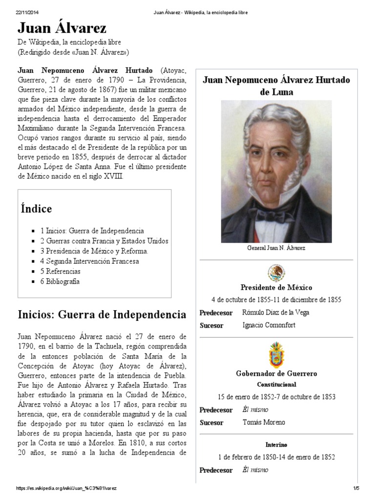 Juan Álvarez Wikipedia, La Enciclopedia Libre Politica de mexico
