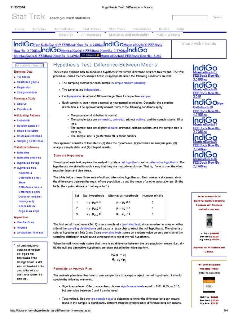 Hypothesis Test - Difference in Means | PDF | Statistical Hypothesis ...