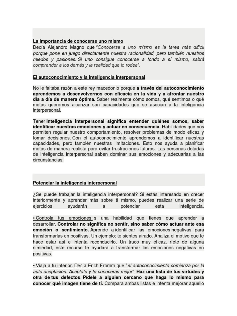 La importancia del autoconocimiento | PDF | Autoestima | Conceptos ...