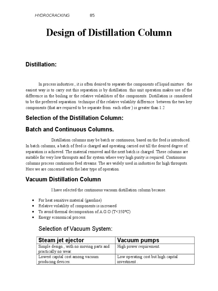 Design and Selection of a Continuous Vacuum Distillation Column for Separating Gasoline from