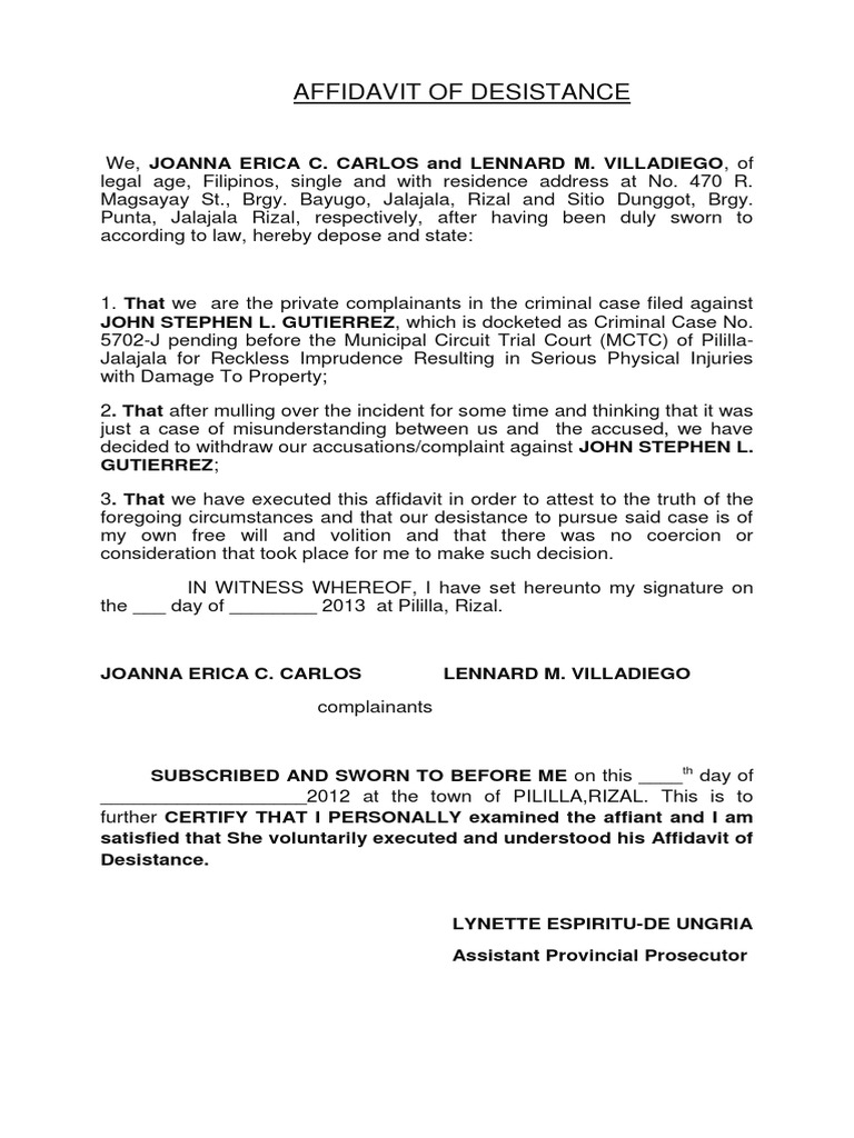 Affidavit of Desistance Examples | PDF | Affidavit | Prosecutor