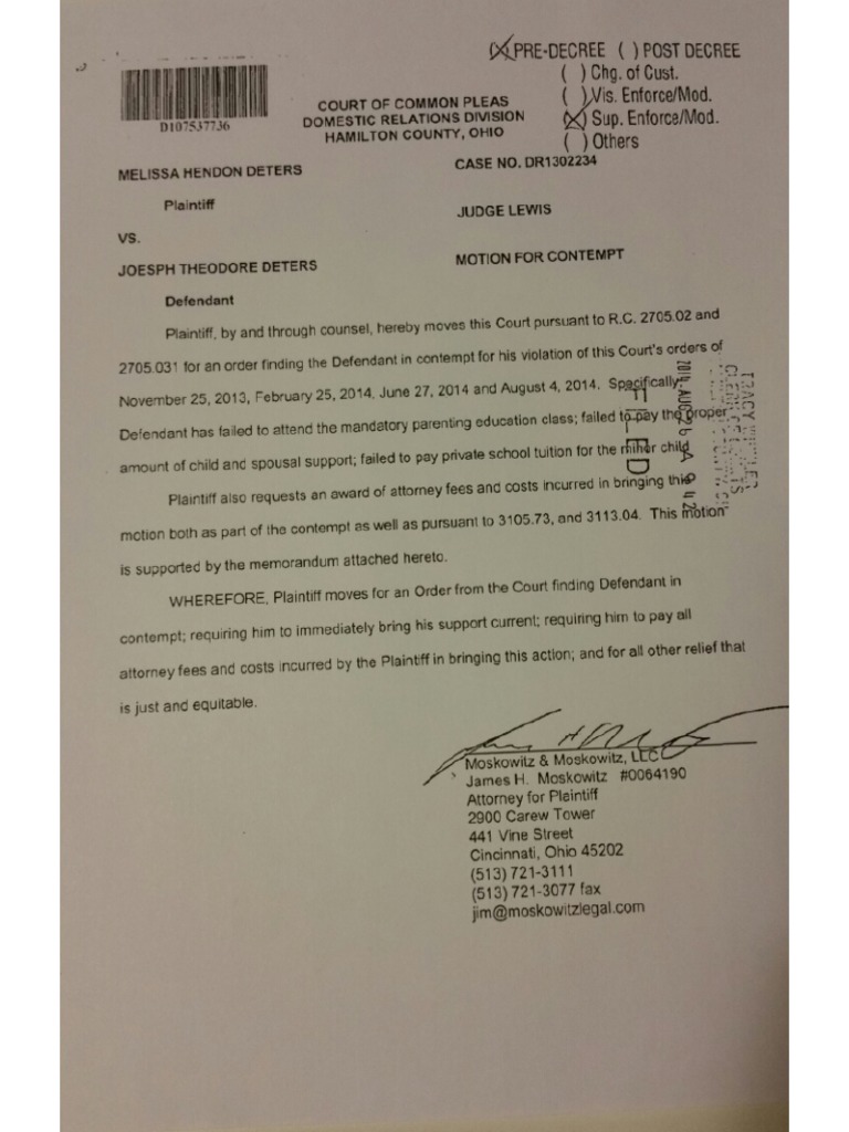 Deters Motion For Contempt PDF Child Support Judiciaries