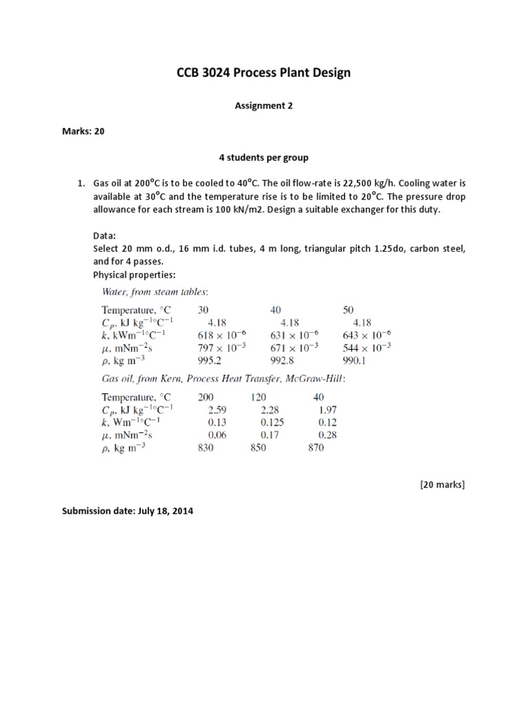 CCB 3024 Process Plant Design: Assignment 2 Marks: 20 4 Students Per ...