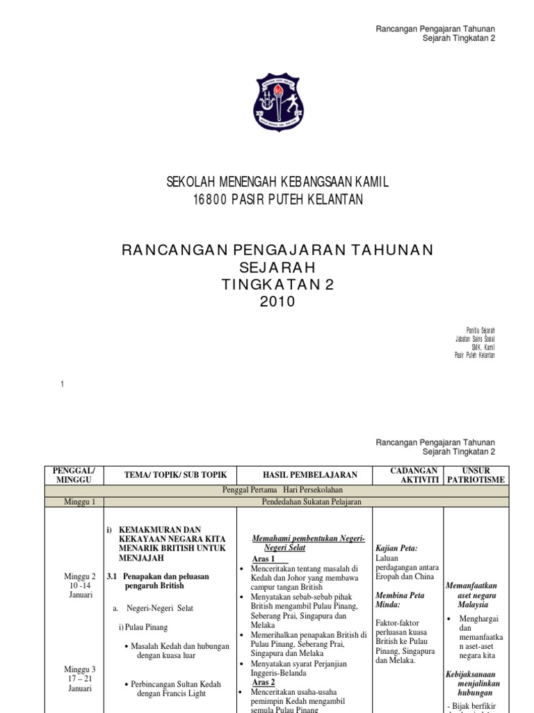 Rancangan Pengajaran Tahunan Sejarah Tingkatan 2 Pdf