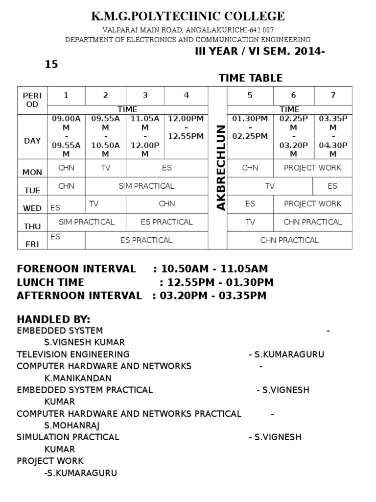 Iii Year / Vi Sem. 2014-15 Time Table | PDF