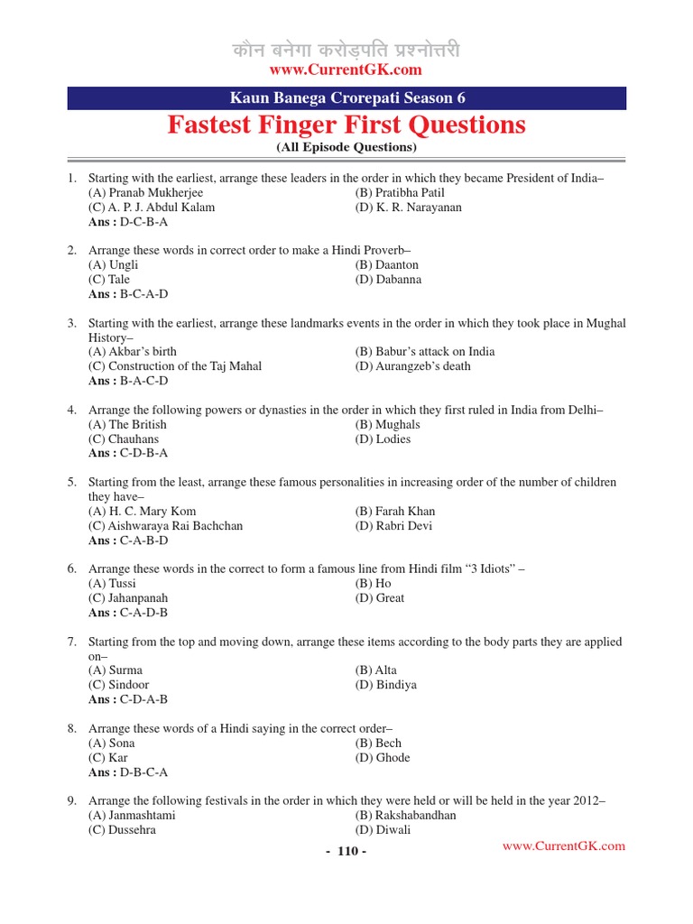 KBC Fastest Finger First Questions | PDF | Mughal Empire | Leisure