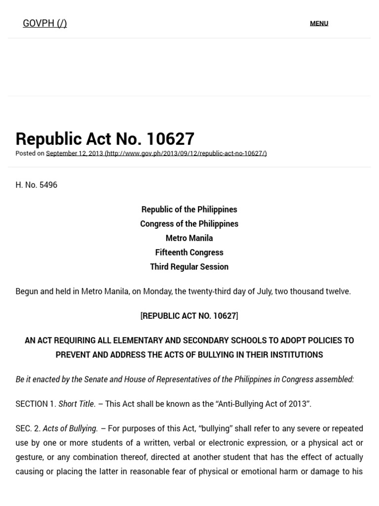 Republic Act No 10627 | Bullying | President Of The Philippines