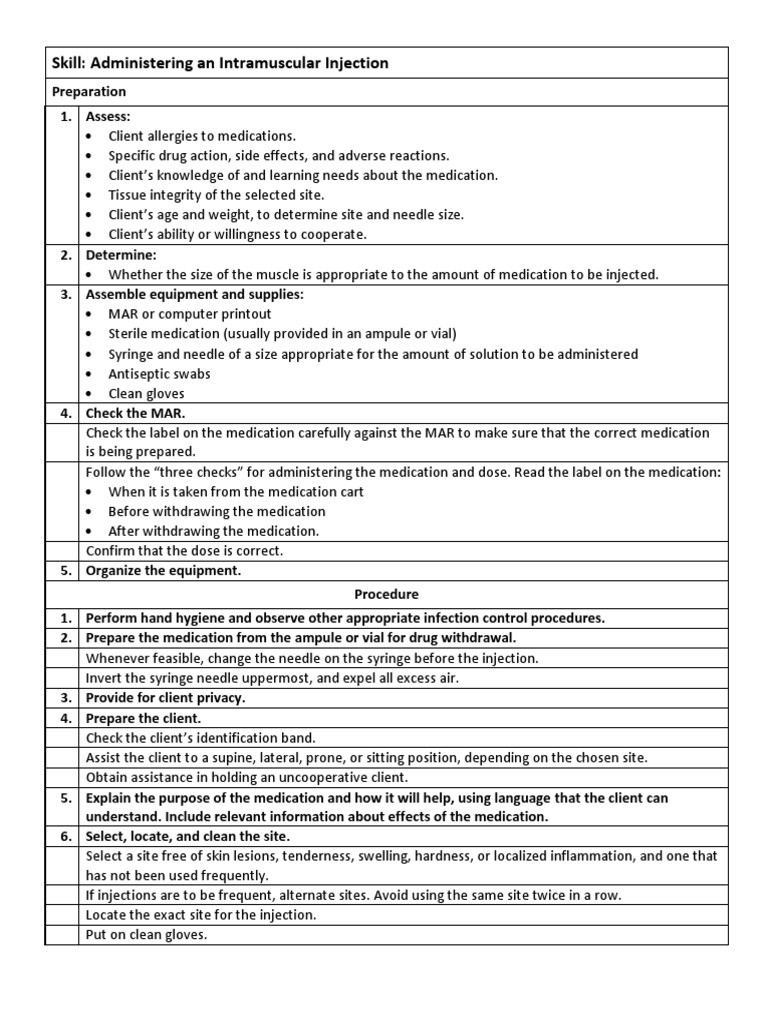 Intramuscular Injectoin Checklist PDF Injection (Medicine) Syringe