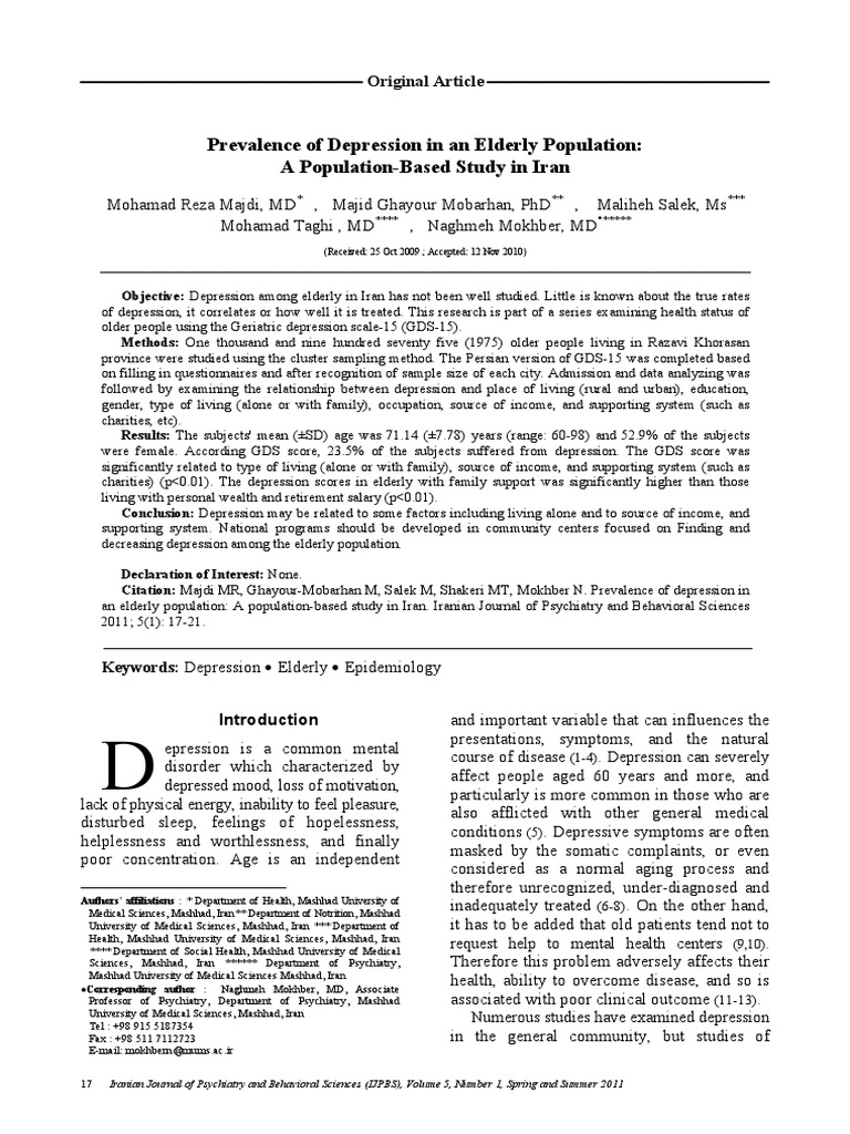 Depression Prevalence in Iranian Elderly | PDF | Science & Mathematics