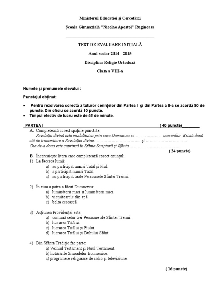 Test Initial Clasa A 8 A | PDF