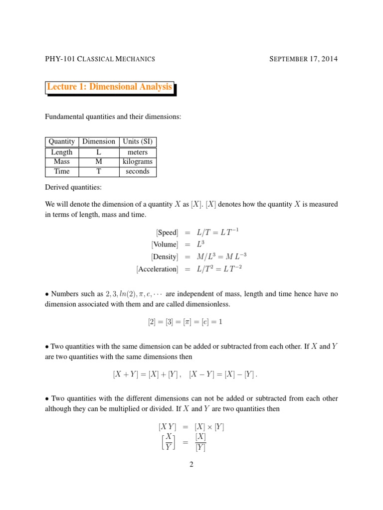 Lecture 1: Dimensional Analysis: Lassical Echanics Eptember | PDF ...