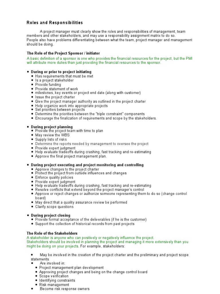 Project Manager Roles and Responsibilities | PDF | Project Management ...