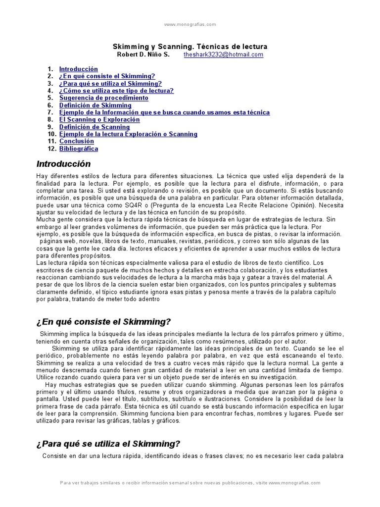 Skimming y Scanning Tecnicas Lectura Lectura veloz