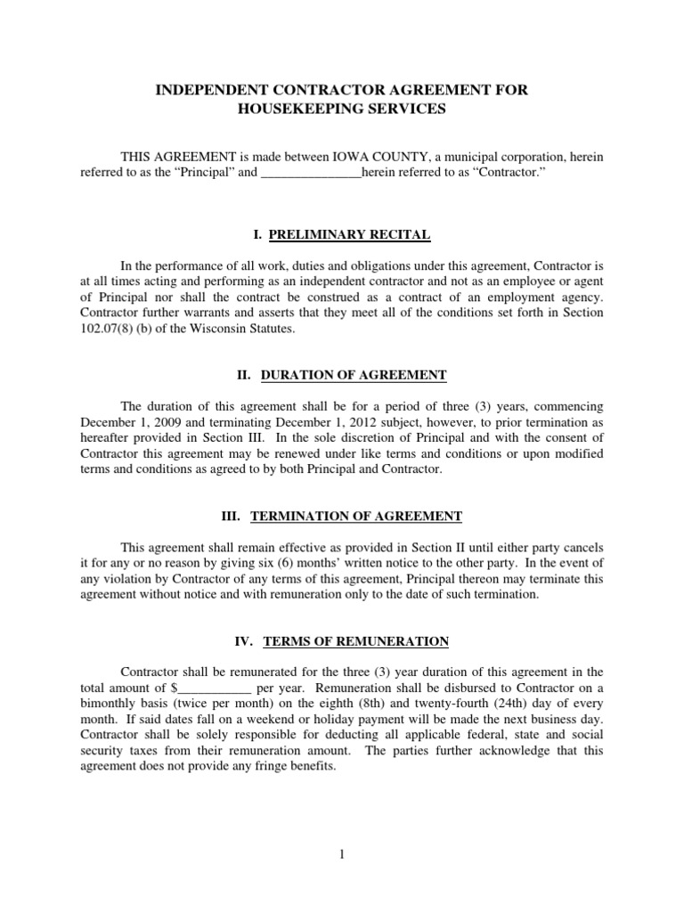 Housekeeping Contract Independent Contractor Employment