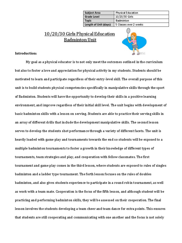 Final Badminton Unit Plan PDF Physical Education Educational