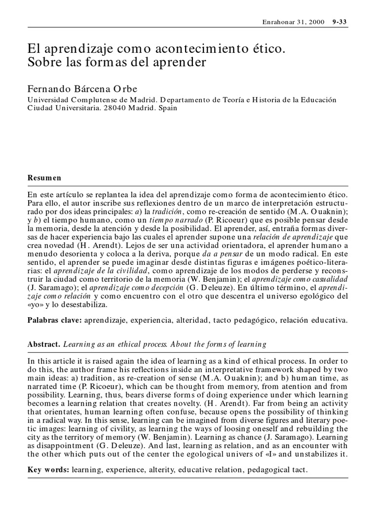 El Aprendizaje Como Acontecimiento Ético. Sobre Las Formas Del Aprender ...