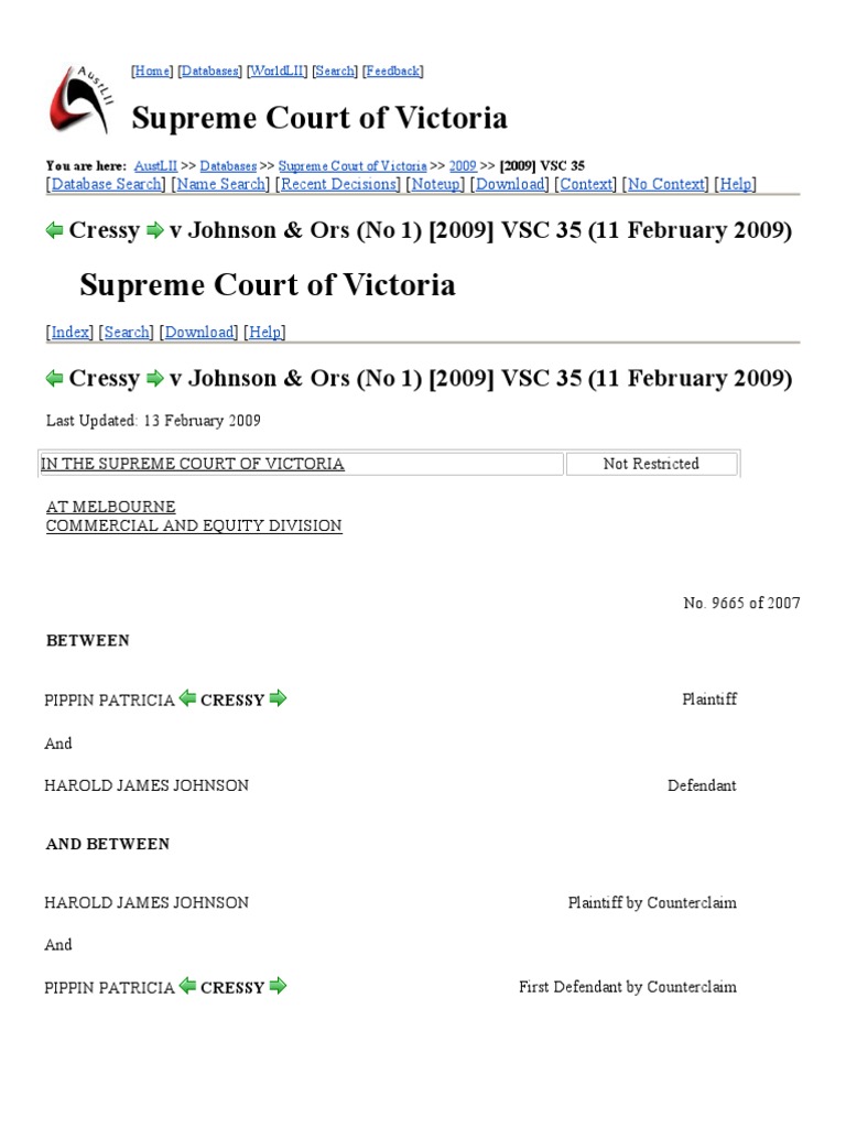 Cressy V Johnson & Ors (No 1) (2009) VSC 35 (11 February 2009) PDF Cause Of Action Lawsuit