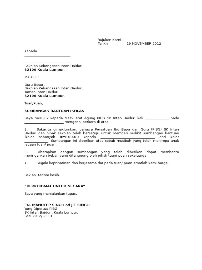 Contoh Surat Rasmi Permohonan Peribadi Sumbangan Ikhlas Kepada Wakil Rakyat