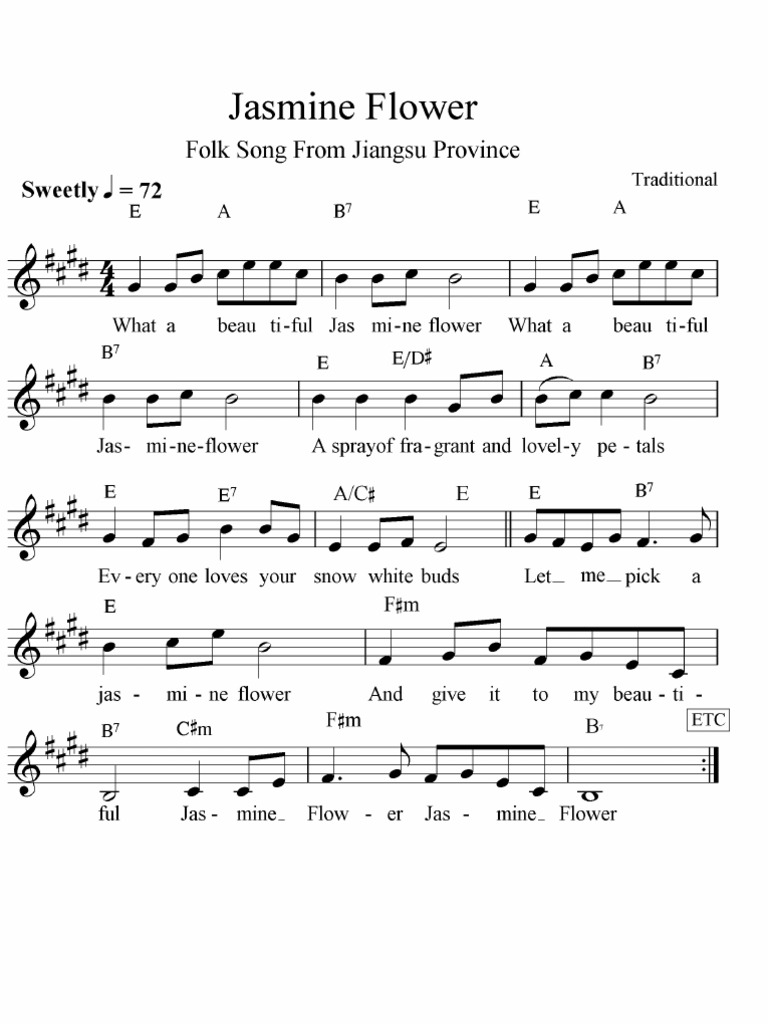 Jasmine Flower [Mo Li Hua ; 月亮代表我的心] (Sheet music)