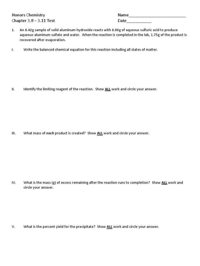 honors chemistry test chapter 3 83 11 Chemical Reactions (94 views)