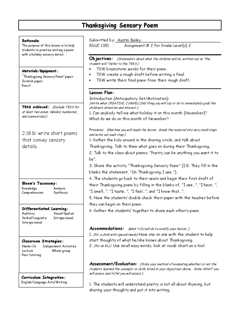thanksgiving sensory poem lesson plan | pdf | lesson plan | poetry
