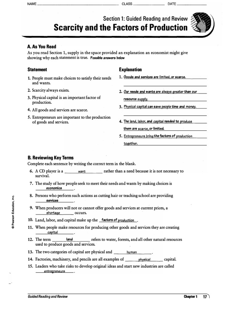 Worksheets Goods And Services Worksheets section 1 guided review factors of production free market