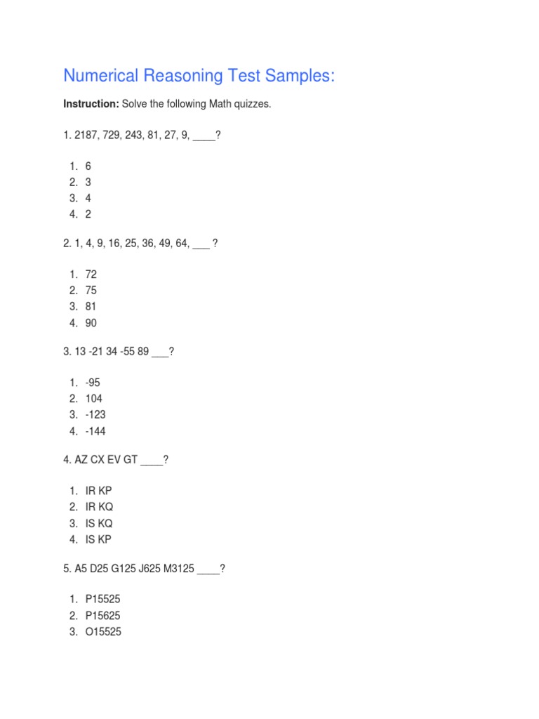 Numerical Reasoning Test Samples