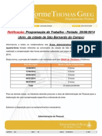 Programação de Trabalho - Feriado 20/08/2014 (Aniv. Da Cidade de São Bernardo Do Campo)