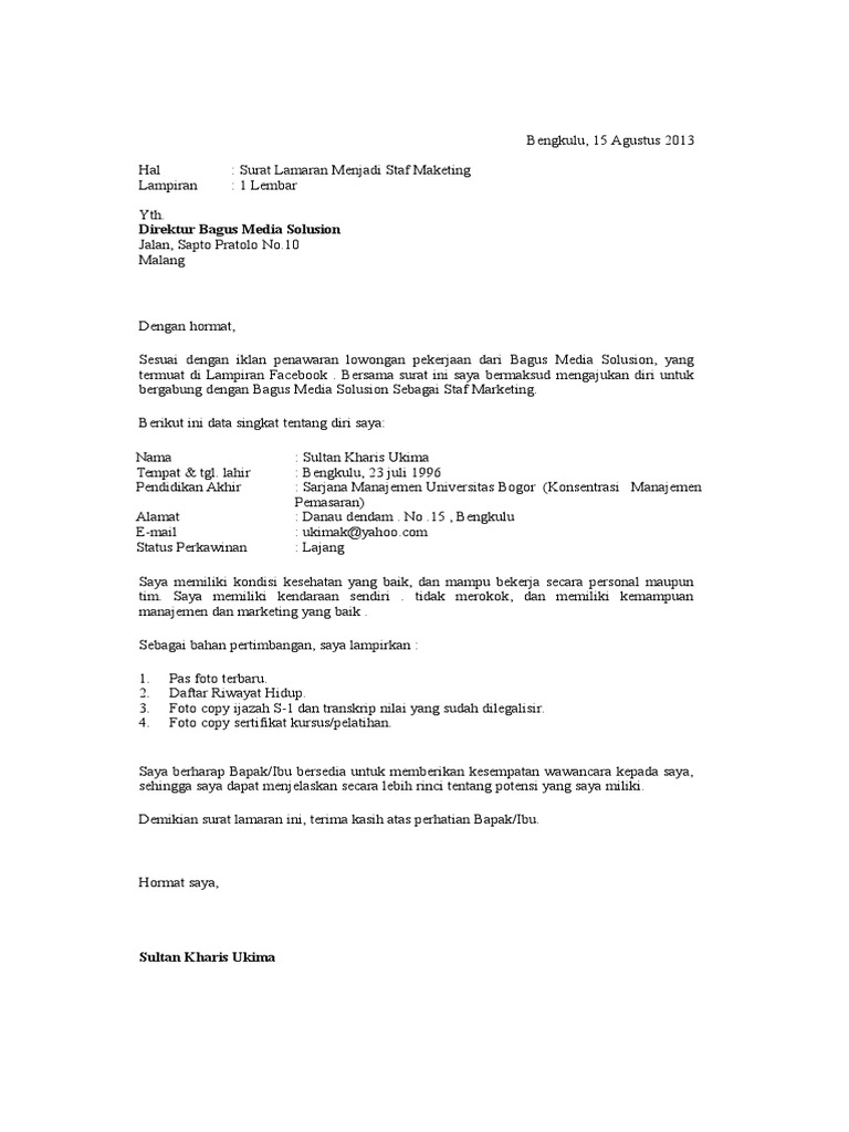 Contoh Surat Lamaran Kerja Berdasarkan Iklan Koran PDF Contoh Surat Lamaran Kerja Berdasarkan Iklan Koran PDF