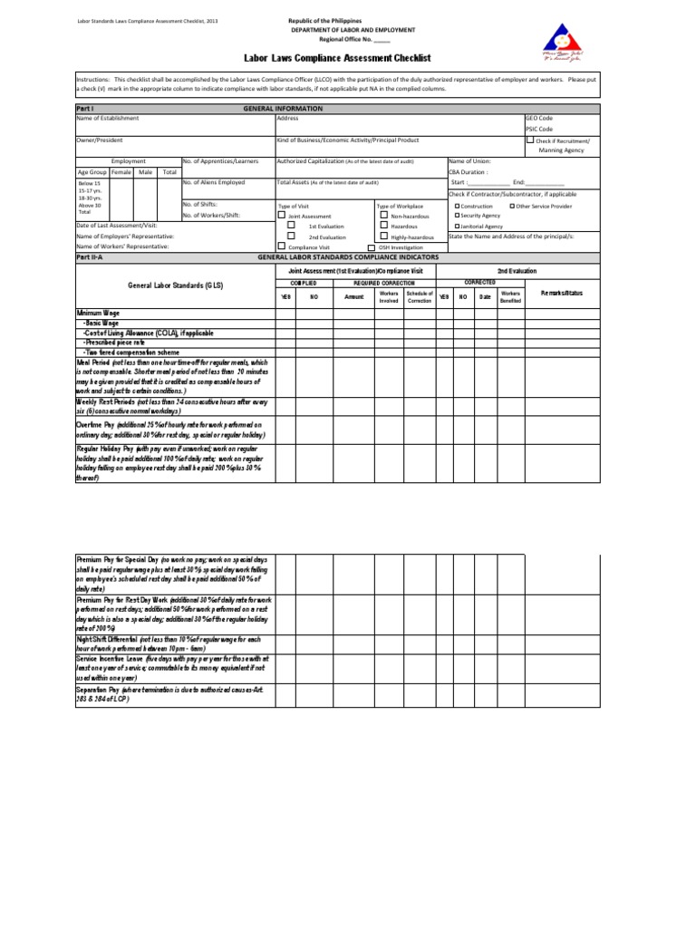 Labor Standards Laws Compliance Assessment Checklist (With REMARKSSynerquest1) Personal