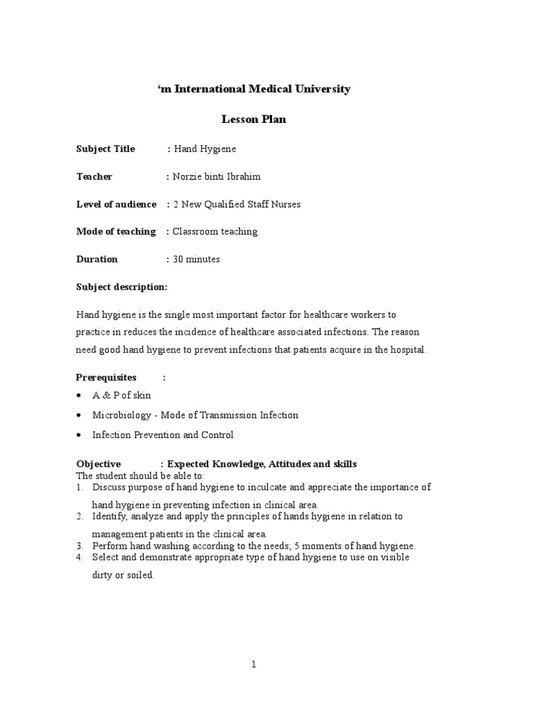 Lesson Plan Hand Hygiene Review Autosaved Hygiene Hand Washing