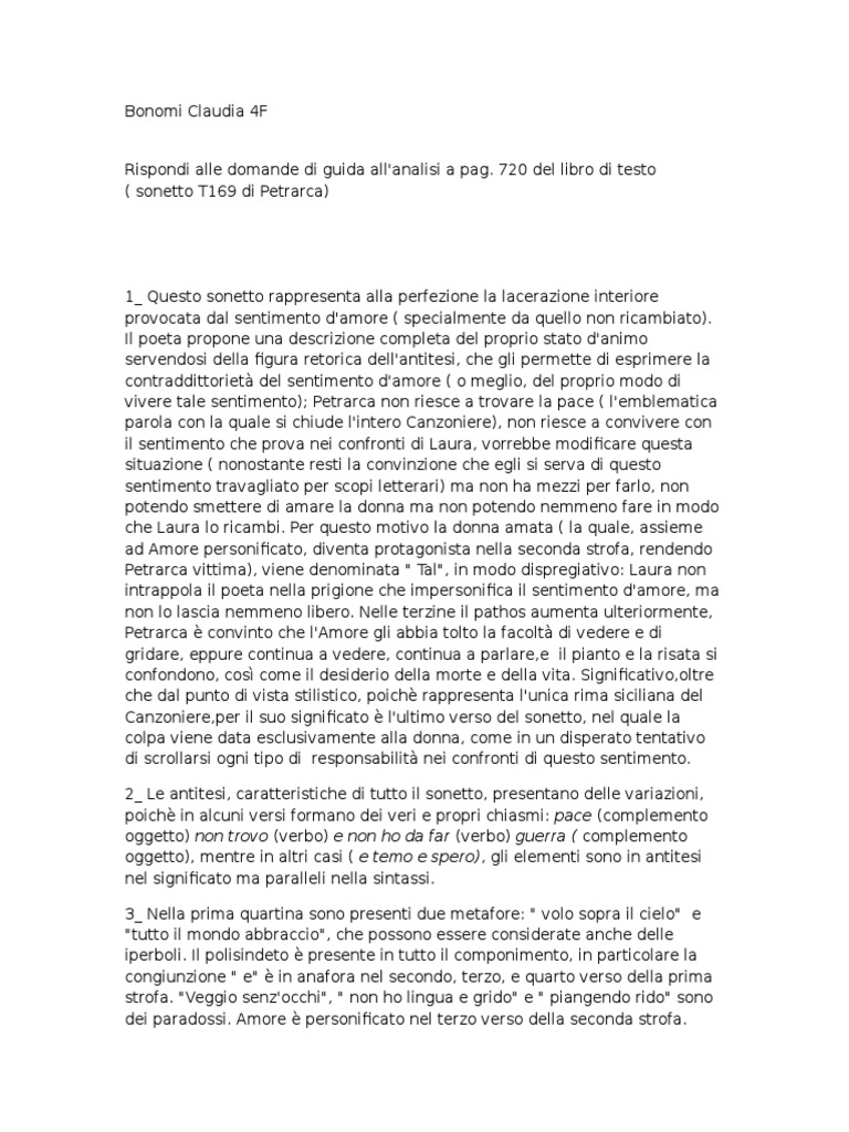 Analisi Del Testo Petrarca ( Pace Non Trovo e Non Ho Da Far Guerra CXXXIV)