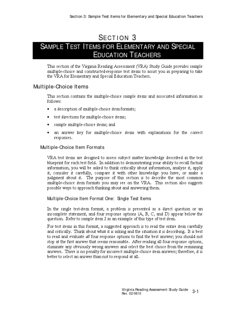 VRA Sample Test Items Guide | PDF | Multiple Choice | Reading Comprehension